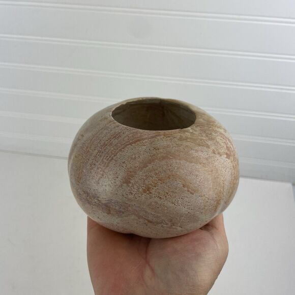 Carved Stone Marble Onyx Bowl Tealight Candle Holder Round Gourd Pink Beige - Picture 7 of 12